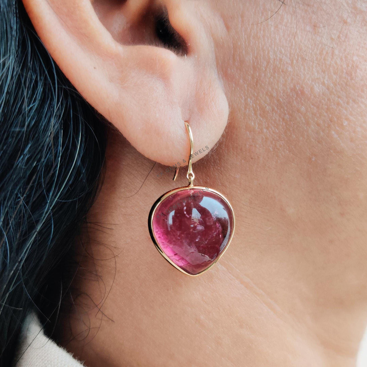 Natural Rubellite Pink Tourmaline 14K Solid Yellow Gold Bezel Earring, October Birthstone