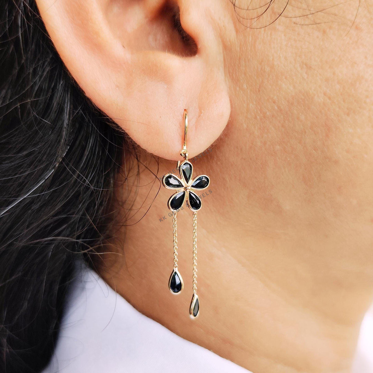 14K Solid Gold Natural Blue Sapphire Flower Drop Earrings, September Birthstone