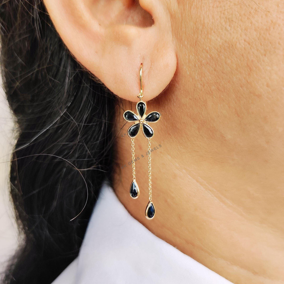 14K Solid Gold Natural Blue Sapphire Flower Drop Earrings, September Birthstone