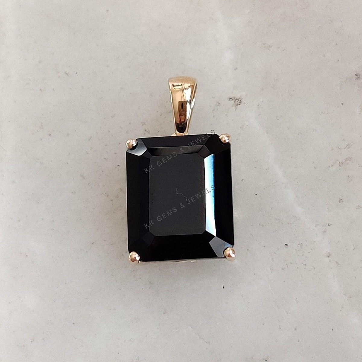 14K Solid Yellow Gold Natural Black Onyx Pendant, Protective Gemstone