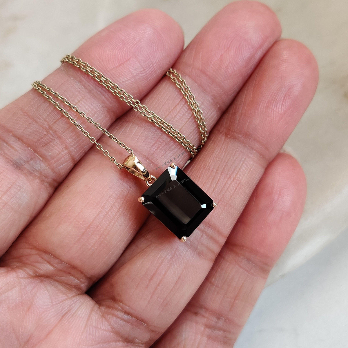 14K Solid Yellow Gold Natural Black Onyx Pendant, Protective Gemstone