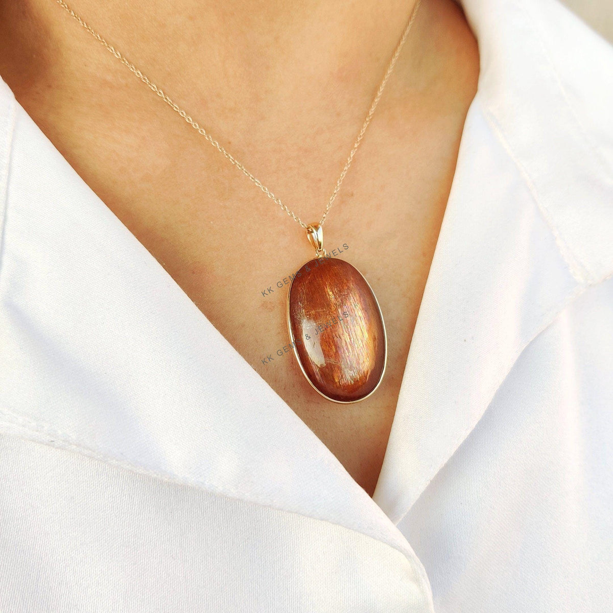 14K Solid Yellow Gold Natural Sunstone Pendant, Oval Cabochon, July August Birthstone