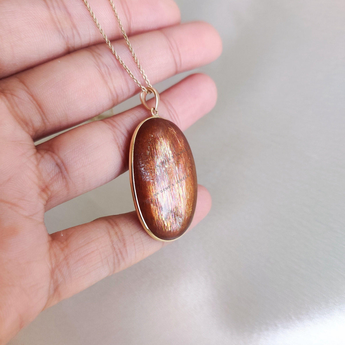 14K Solid Yellow Gold Natural Sunstone Pendant, Oval Cabochon, July August Birthstone