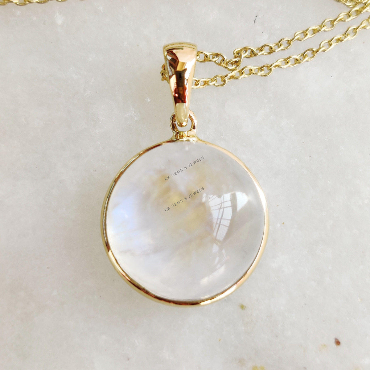 Natural Rainbow Moonstone Round Bezel Pendant, 14K Solid Yellow Gold Bezel, June Birthstone