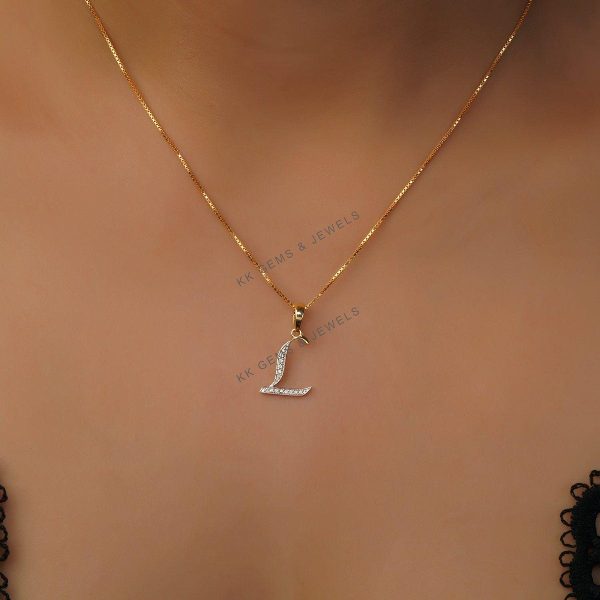 14K Gold Initial L Diamond Pendant, Solid Yellow Gold Charm