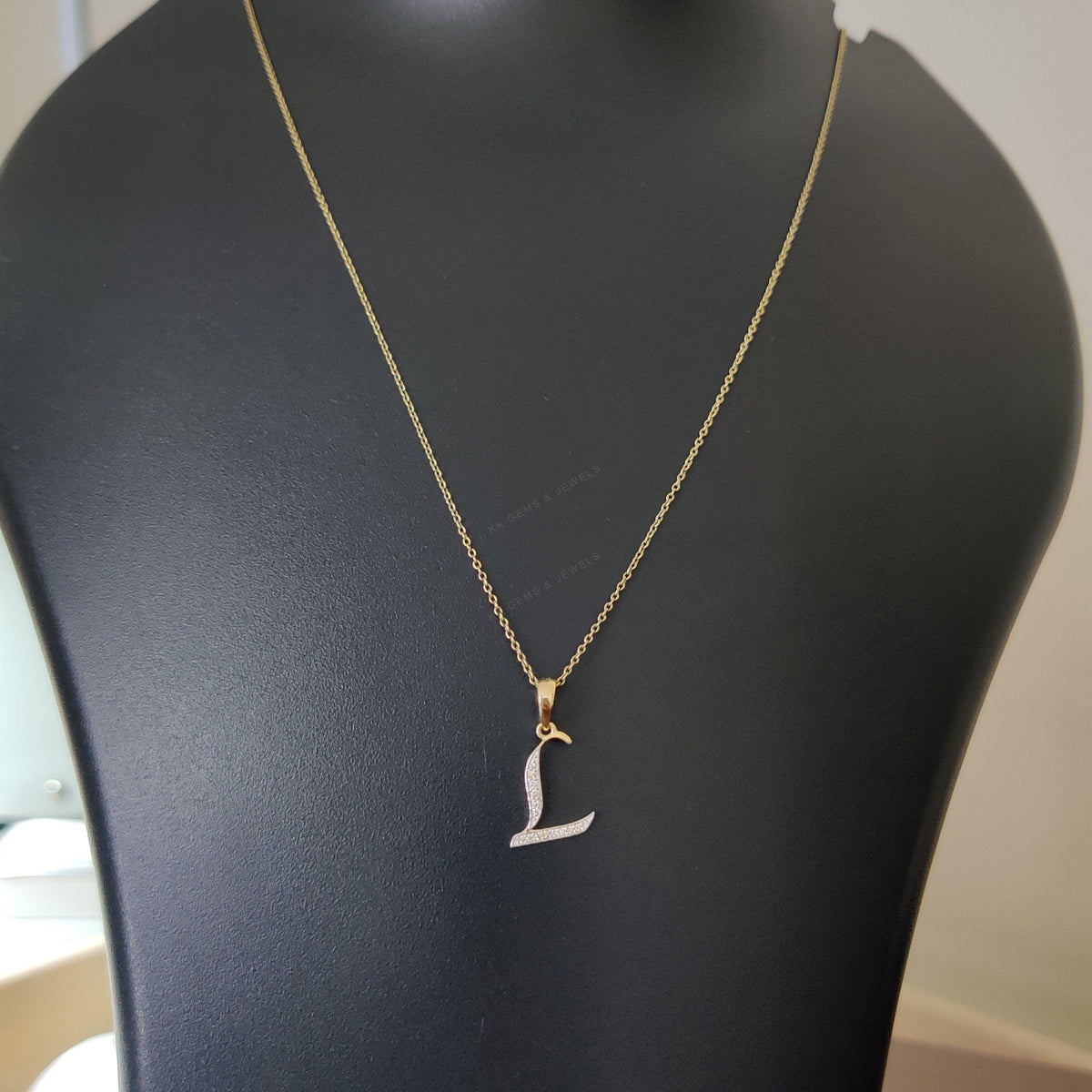 14K Gold Initial L Diamond Pendant, Solid Yellow Gold Charm
