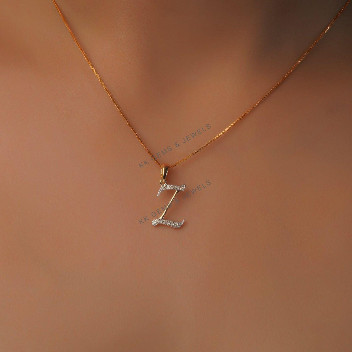 14K Solid Gold Initial Z Diamond Pendant, Birthday Gift