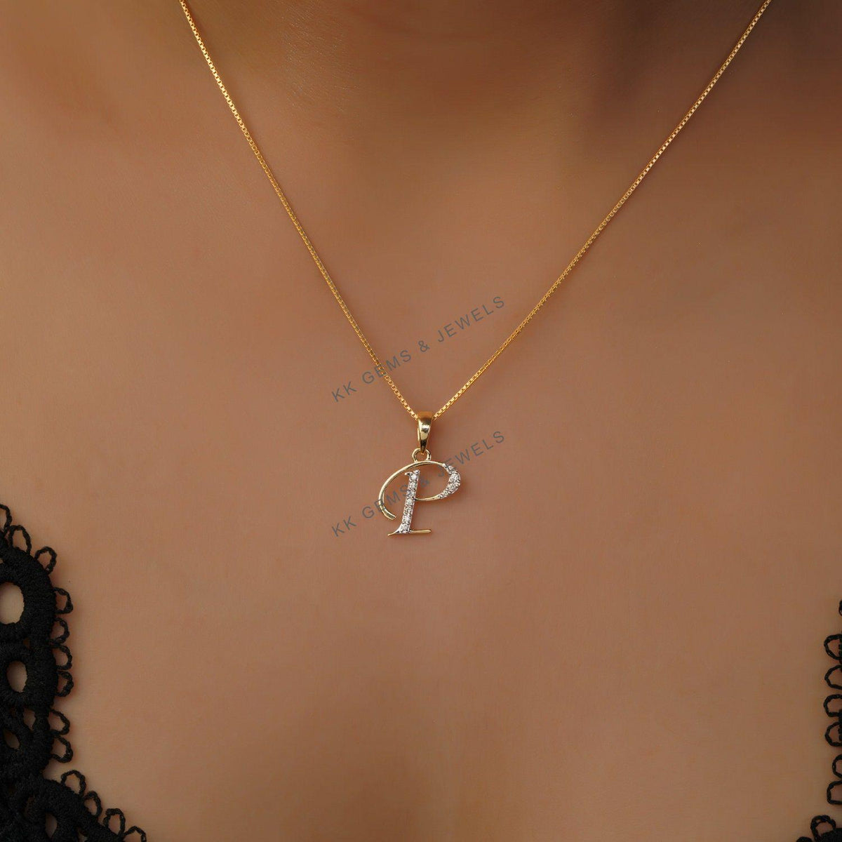 14K Solid Gold Initial P Pendant, Natural Diamond Charm Alphabet