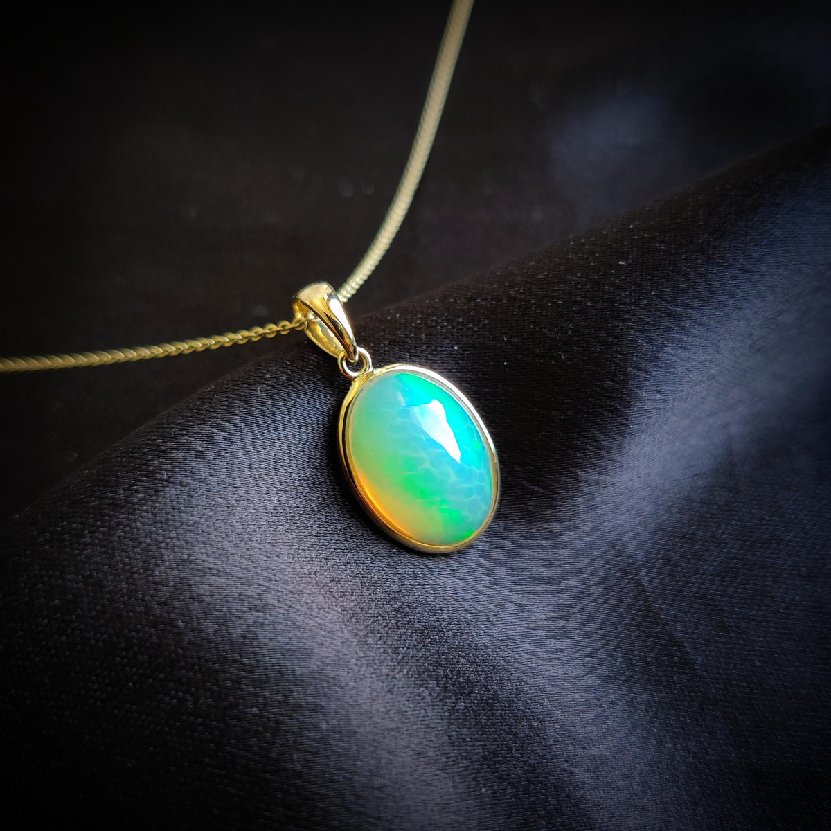 14K Solid Yellow Gold Natural Ethiopian Opal Pendant: Bezel Set October Birthstone