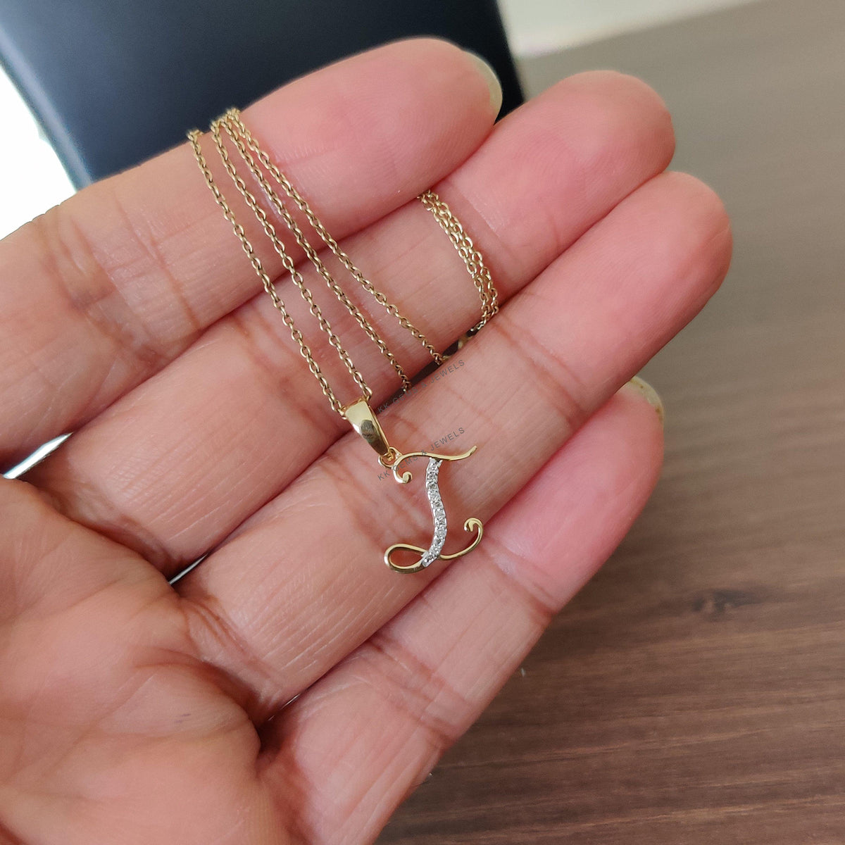 14K Solid Gold Initial I Diamond Pendant, Birthday Gift