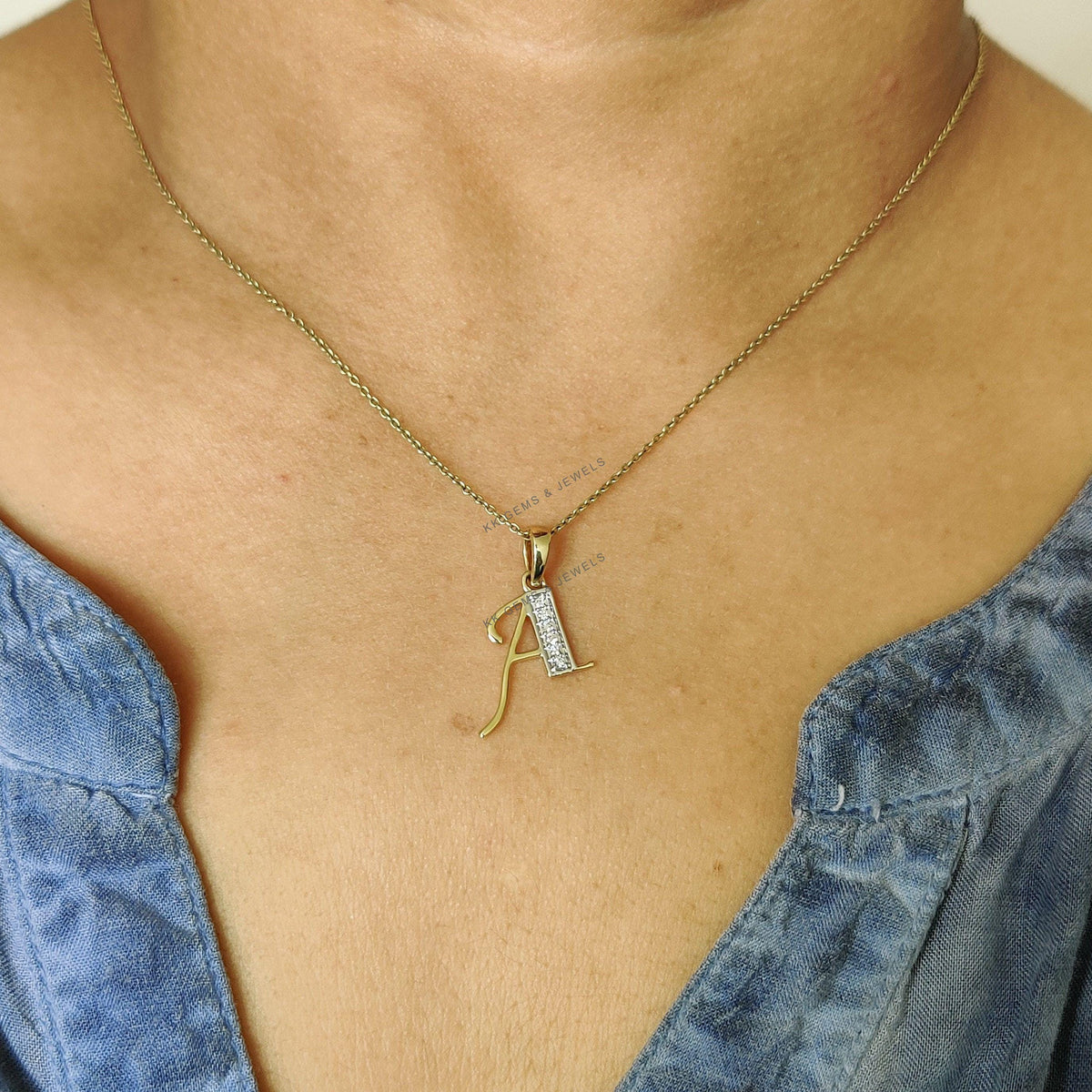 14K Gold Initial A Diamond Pendant, Solid Yellow Gold Charm