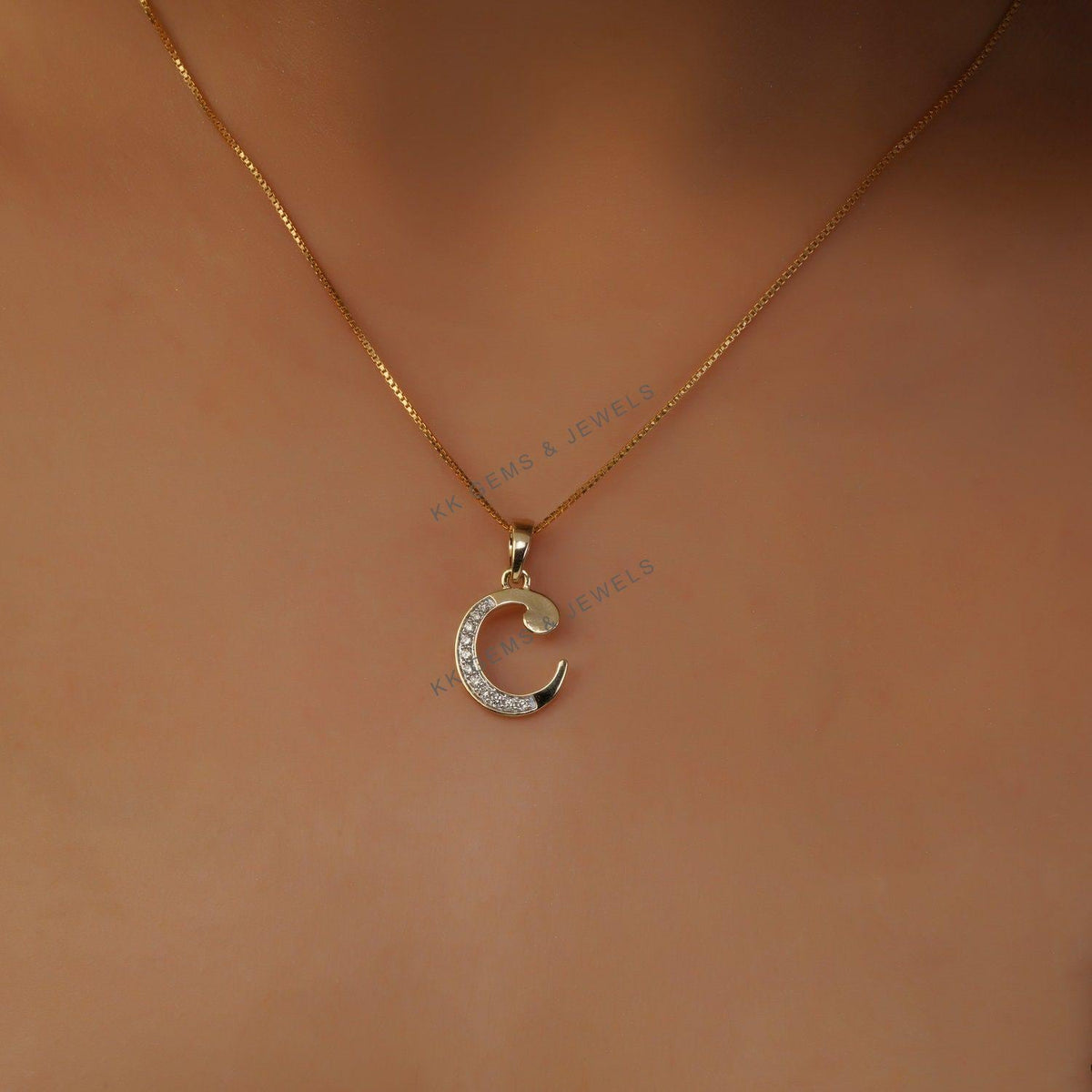 14K Solid Yellow Gold Initial C Diamond Pendant