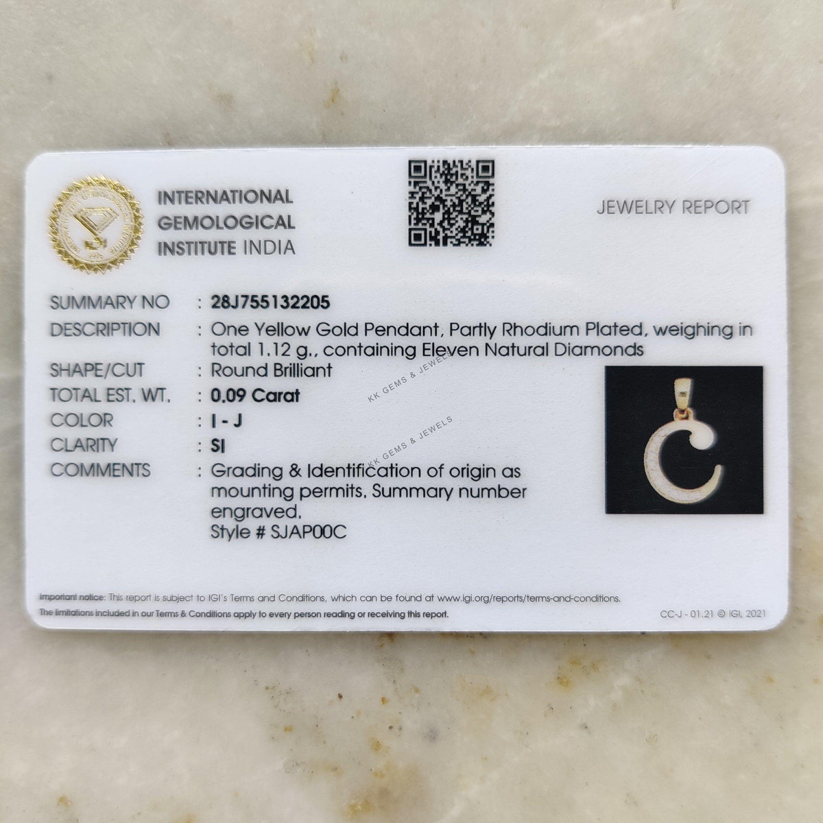 14K Solid Yellow Gold Initial C Diamond Pendant