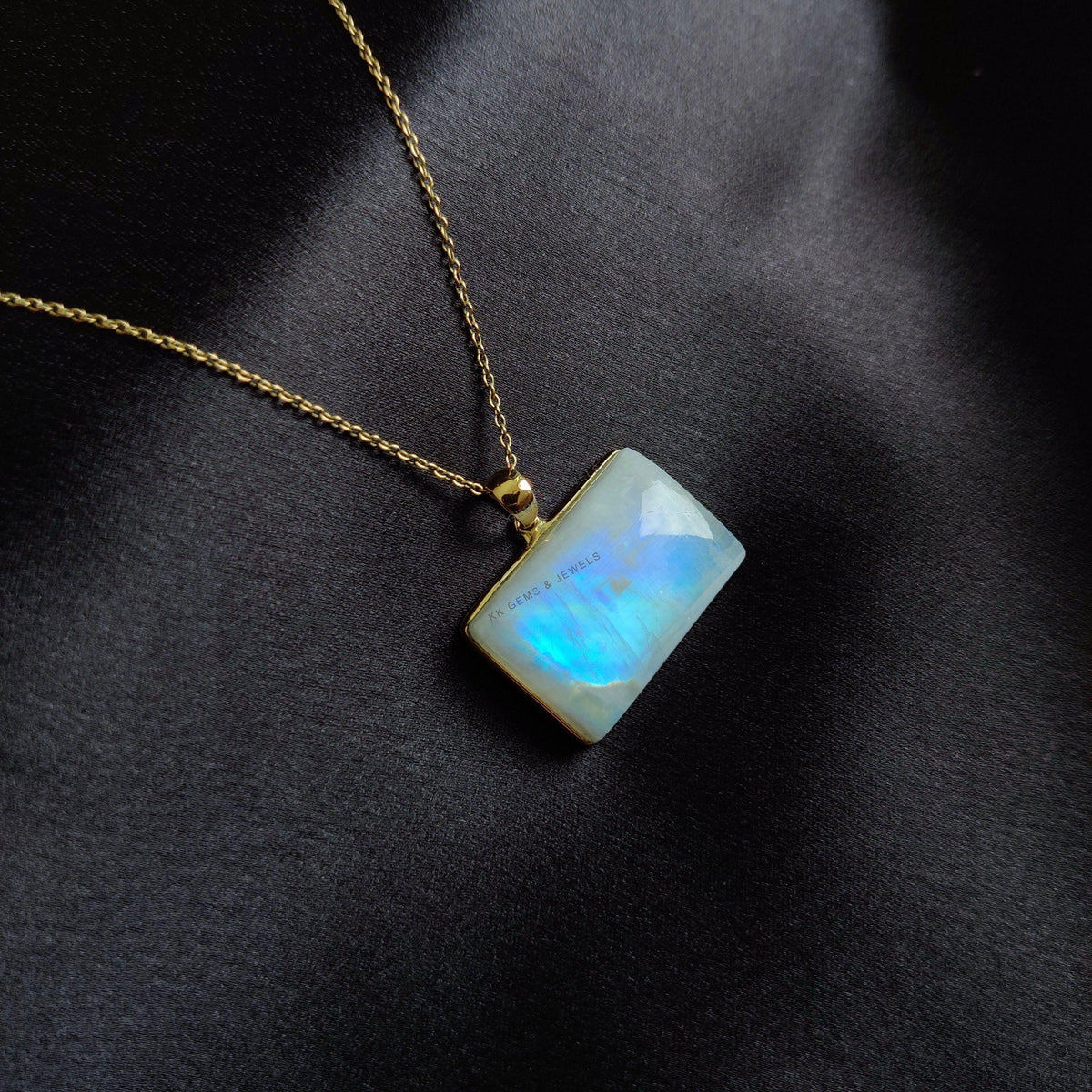 Natural Rainbow Moonstone Pendant, 14K Solid Yellow Gold Bezel, June Birthstone