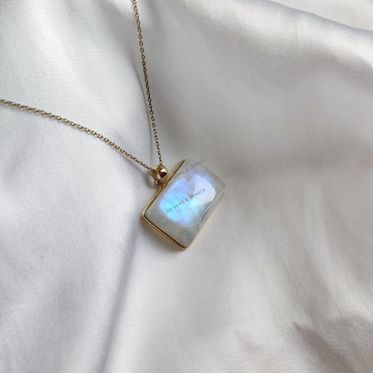 Natural Rainbow Moonstone Pendant, 14K Solid Yellow Gold Bezel, June Birthstone