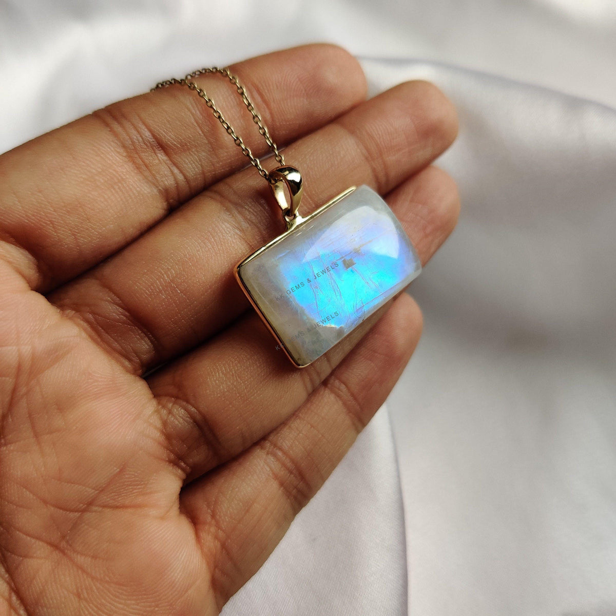 Natural Rainbow Moonstone Pendant, 14K Solid Yellow Gold Bezel, June Birthstone