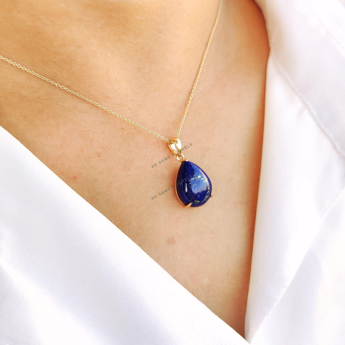 14K Solid Gold Natural Lapis Lazuli Pendant, Pear Prong Setting, September Birthstone