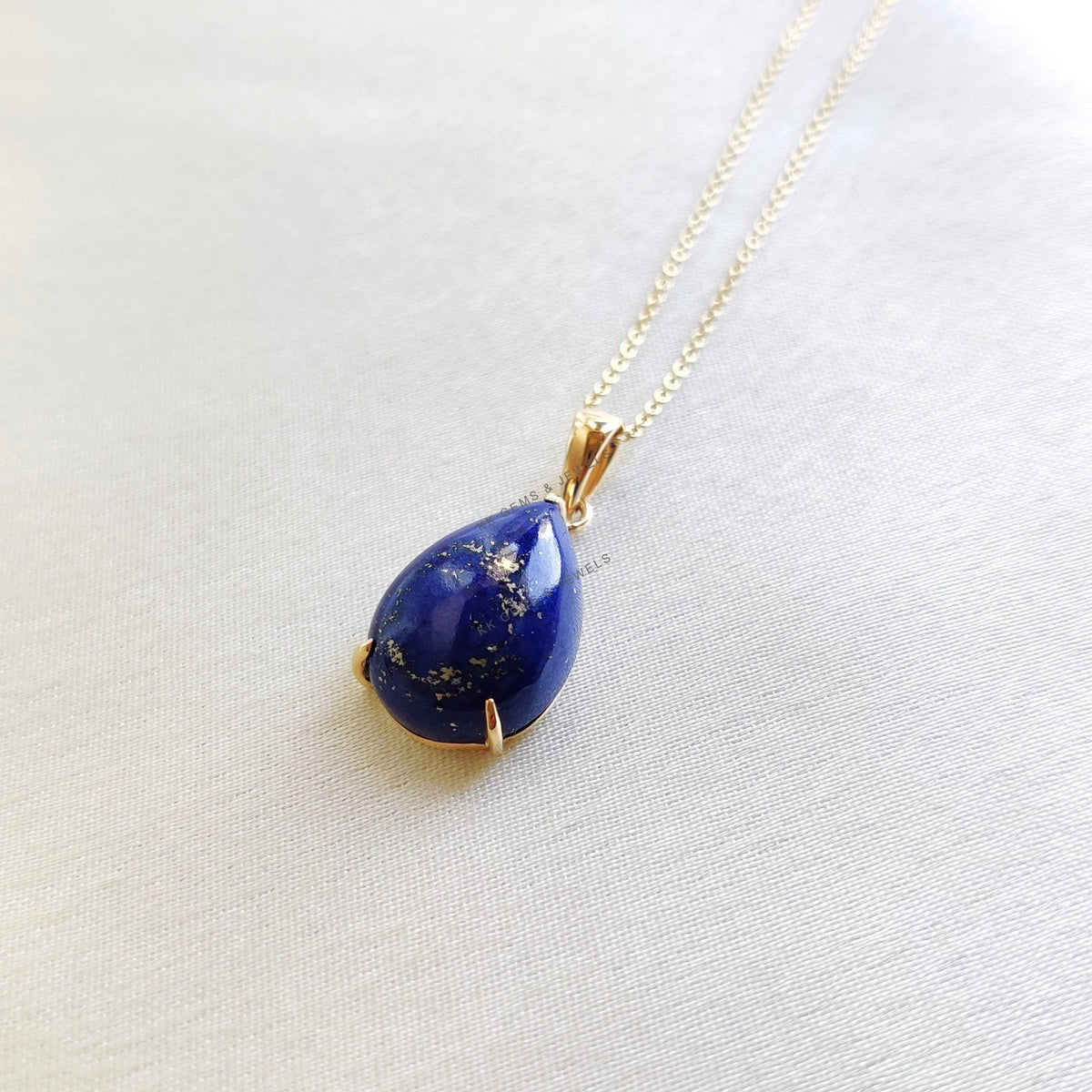 14K Solid Gold Natural Lapis Lazuli Pendant, Pear Prong Setting, September Birthstone