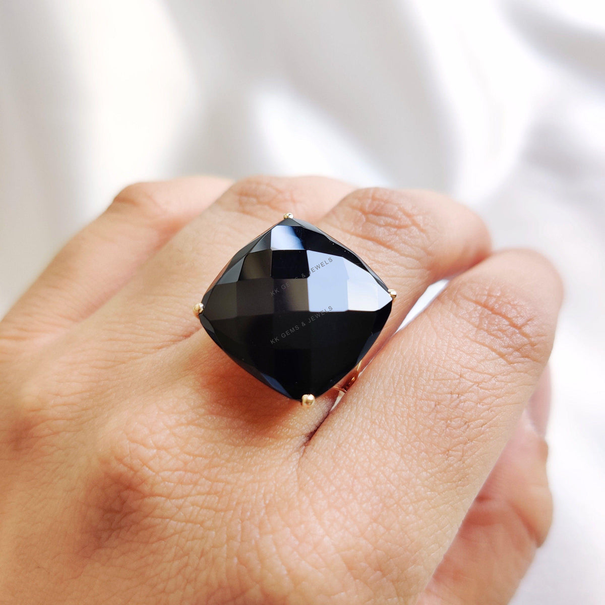 Natural Black Onyx Statement Ring: 14K Solid Yellow Gold, December Birthstone