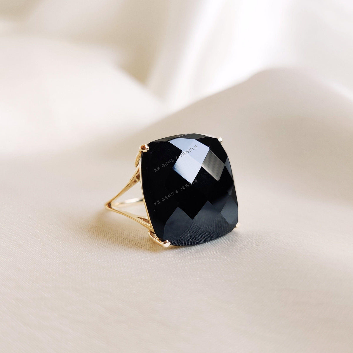 Natural Black Onyx Statement Ring: 14K Solid Yellow Gold, December Birthstone