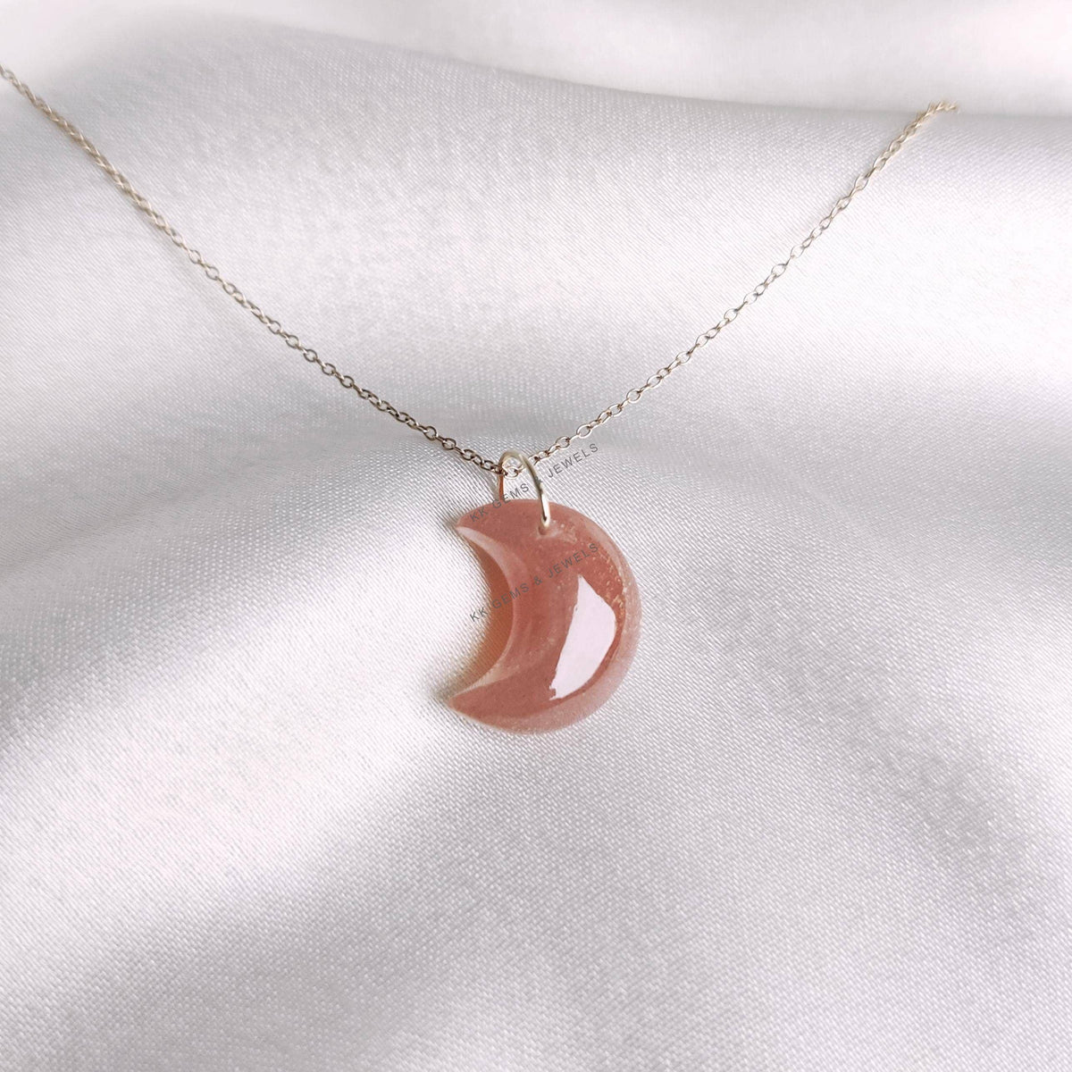 Natural Peach Moonstone 14K Solid Yellow Gold Drill Pendant, Moon Shape, June Birthstone