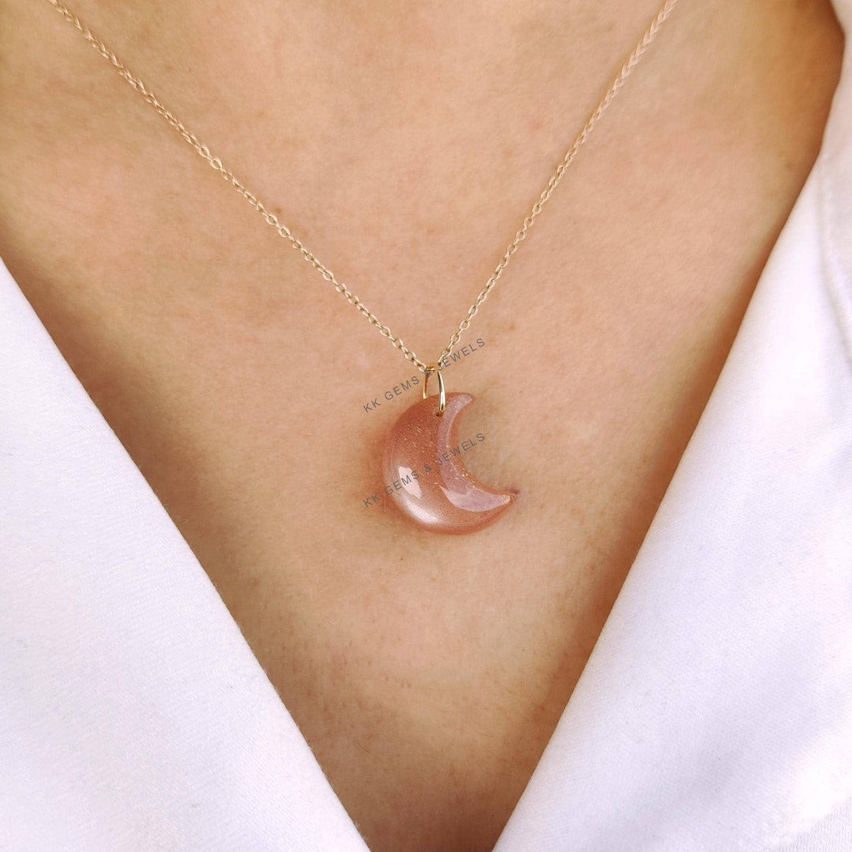Natural Peach Moonstone 14K Solid Yellow Gold Drill Pendant, Moon Shape, June Birthstone
