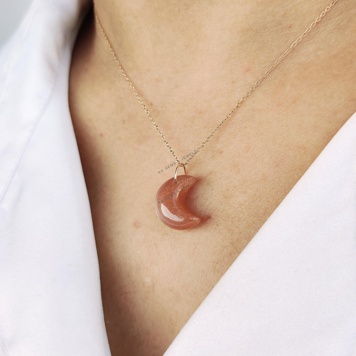 Natural Peach Moonstone 14K Solid Yellow Gold Drill Pendant, Moon Shape, June Birthstone