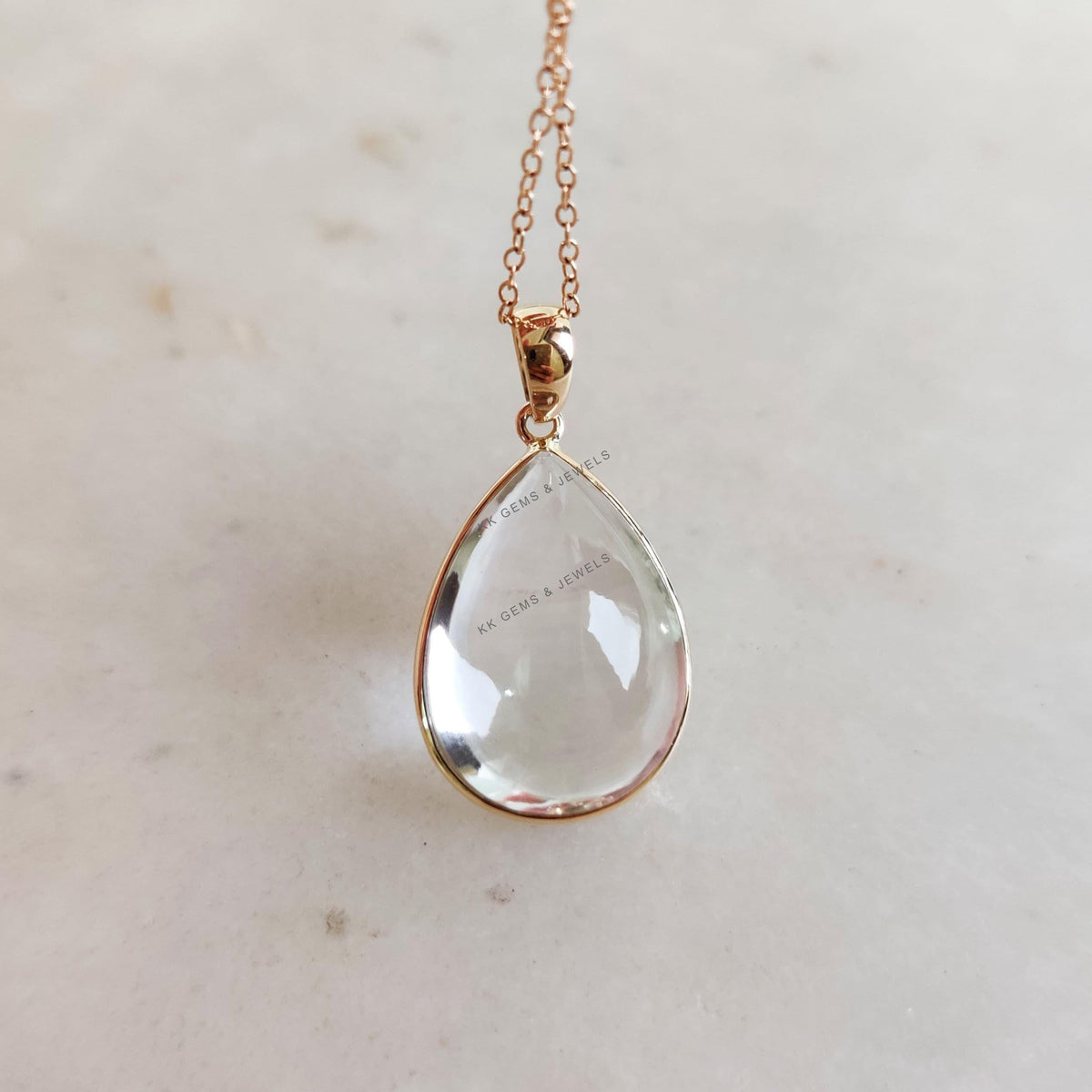 14K Solid Gold Natural Clear Quartz Pendant, Pear Cabochon, April Birthstone