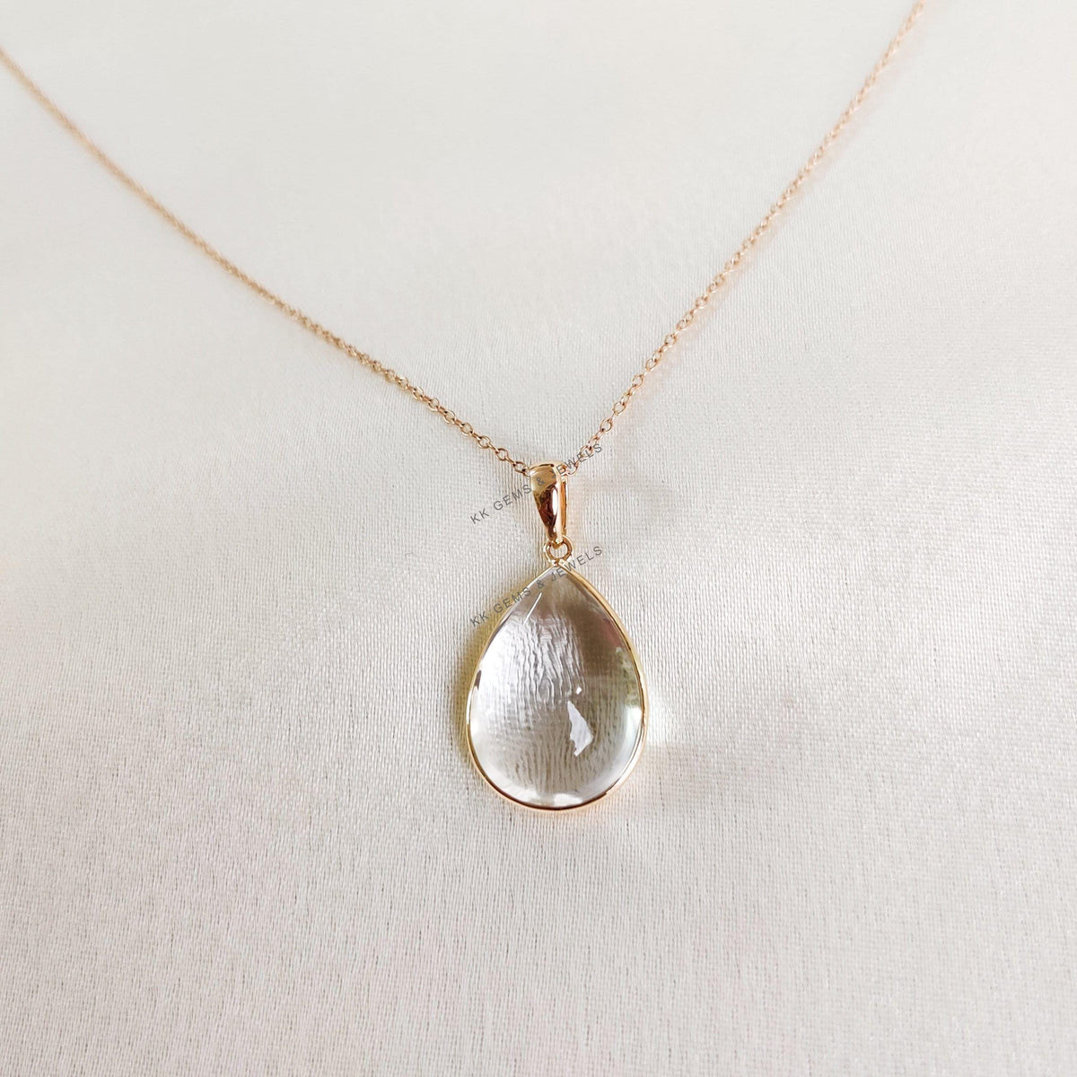 14K Solid Gold Natural Clear Quartz Pendant, Pear Cabochon, April Birthstone