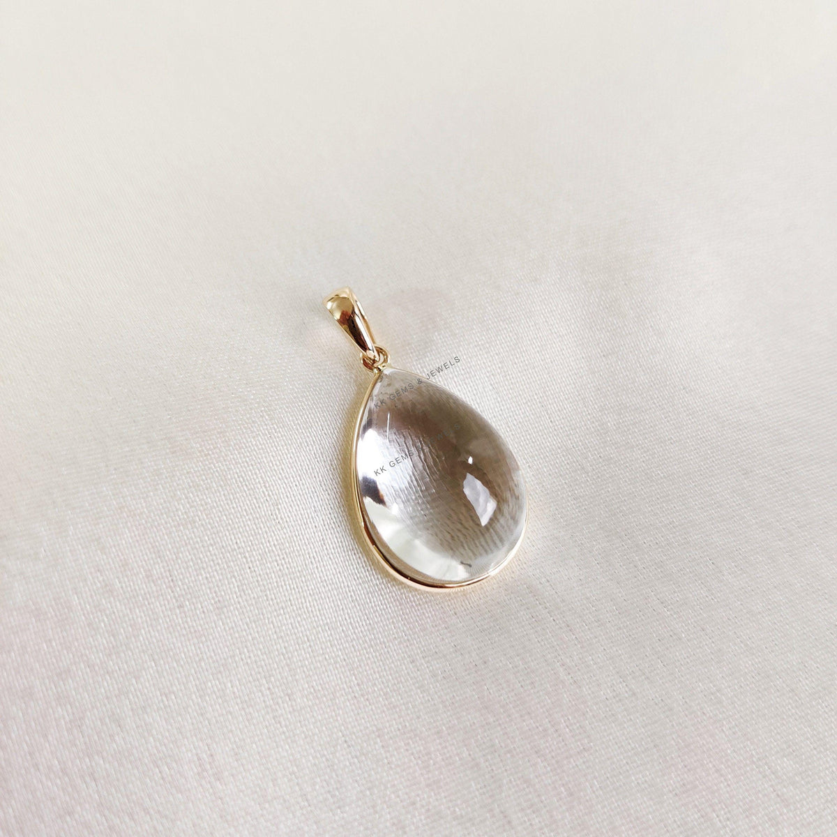 14K Solid Gold Natural Clear Quartz Pendant, Pear Cabochon, April Birthstone