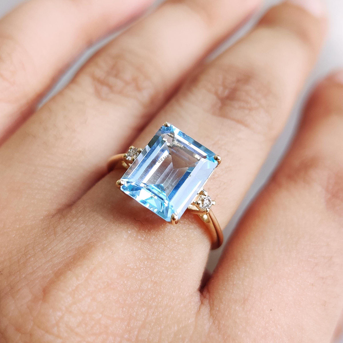 Natural Sky Blue Topaz & Diamond Ring, 14K Solid Yellow Gold December Birthstone
