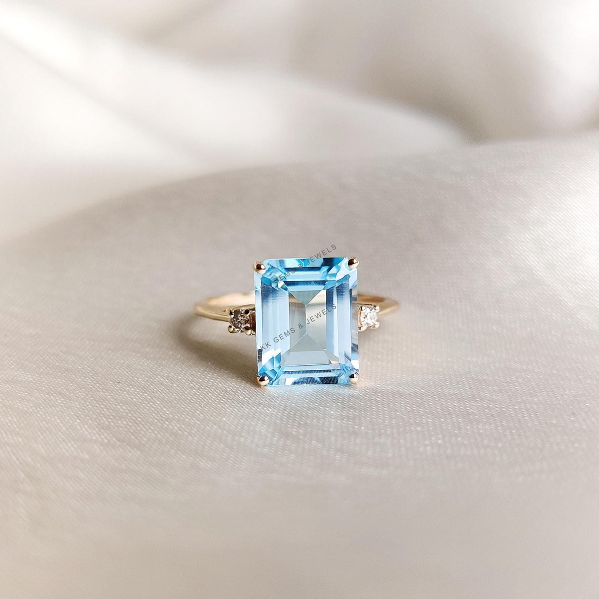 Natural Sky Blue Topaz & Diamond Ring, 14K Solid Yellow Gold December Birthstone