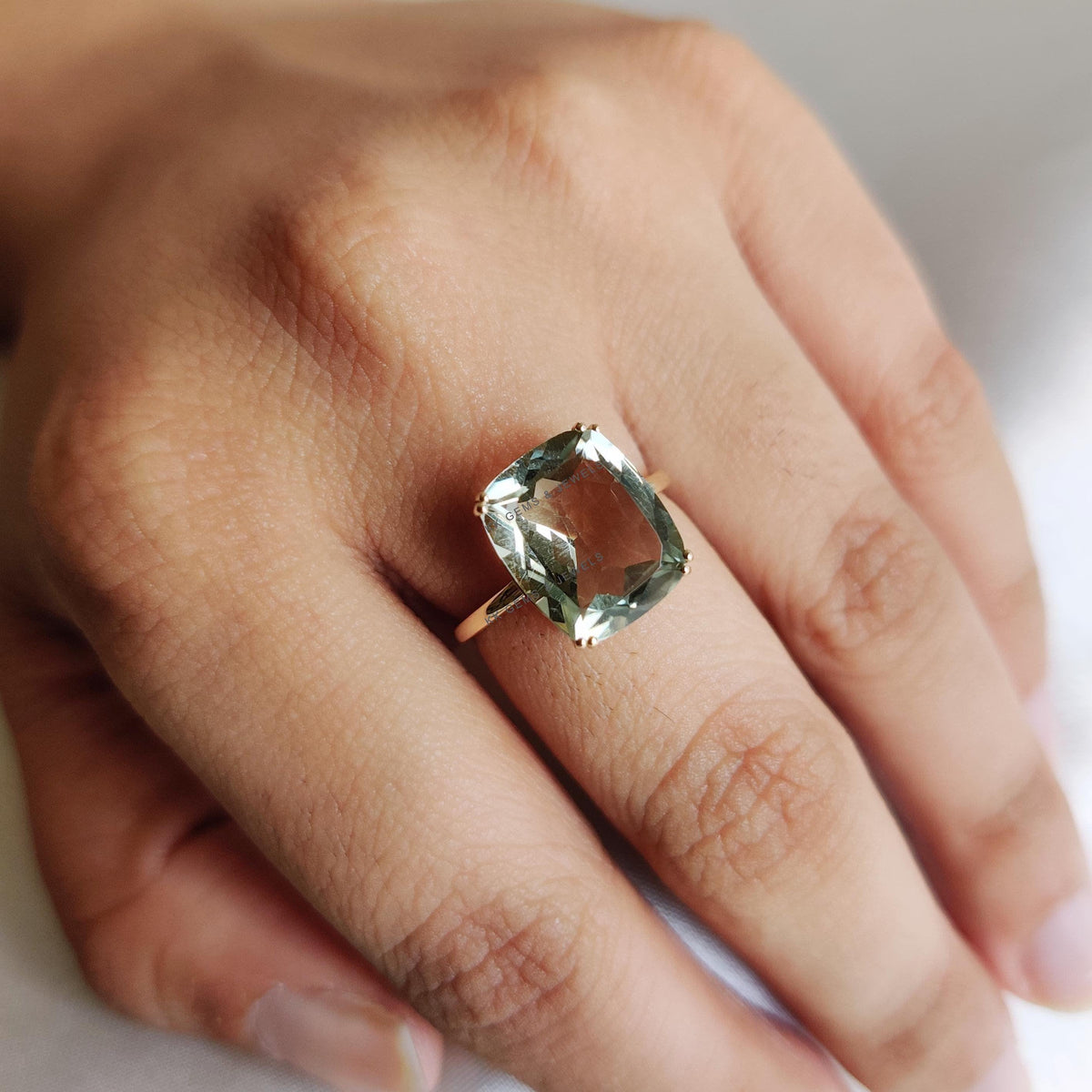 Natural Green Amethyst Ring, 14K Solid Yellow Gold, Cushion Cut, February Birthstone, Anniversary Gift