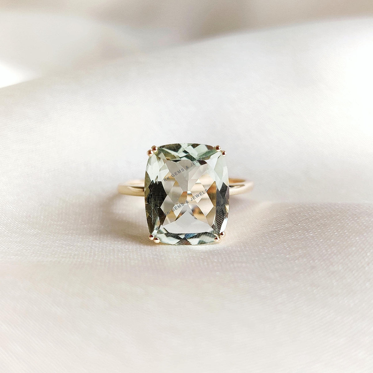 Natural Green Amethyst Ring, 14K Solid Yellow Gold, Cushion Cut, February Birthstone, Anniversary Gift