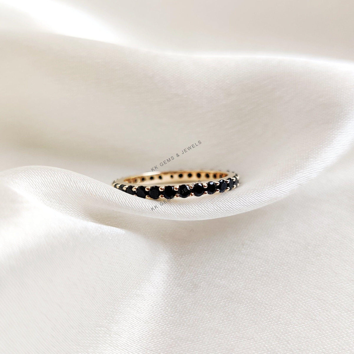 Natural Black Spinel Eternity Ring, 14K Solid Yellow Gold Infinity Band