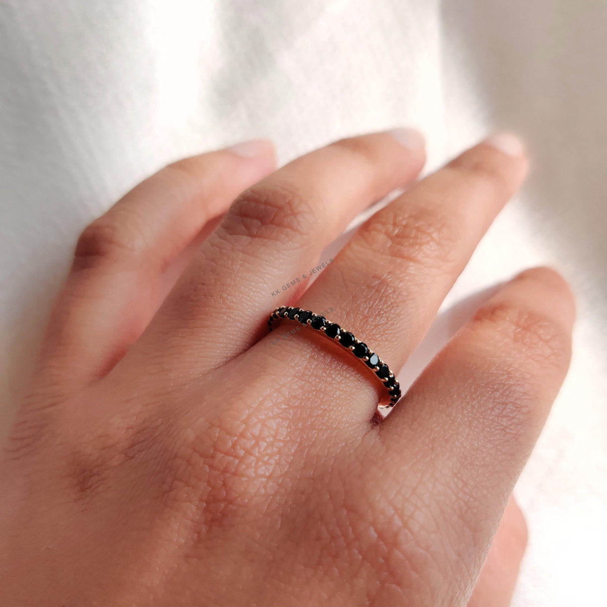 Natural Black Spinel Eternity Ring, 14K Solid Yellow Gold Infinity Band