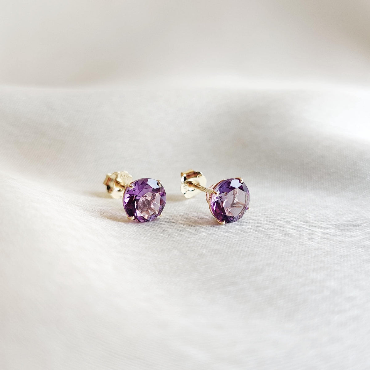 14K Solid Yellow Gold Natural Purple Amethyst Stud Earrings, February Birthstone