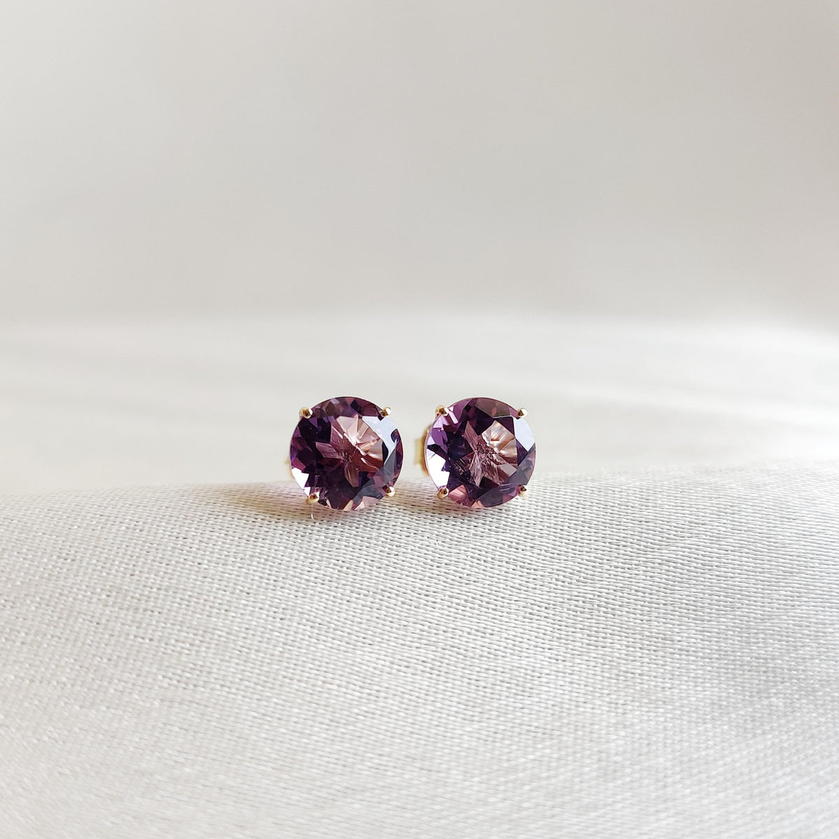 14K Solid Yellow Gold Natural Purple Amethyst Stud Earrings, February Birthstone