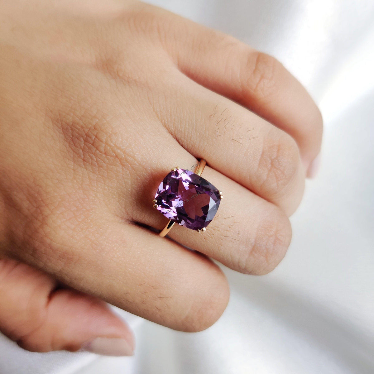 14K Solid Yellow Gold Natural Purple Amethyst Ring, Cushion Cut, February Birthstone