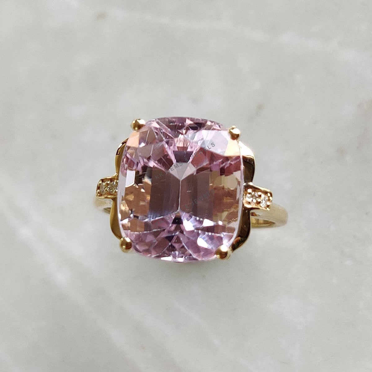 Natural Kunzite & Diamond Ring, 14K Solid Yellow Gold, February Birthstone