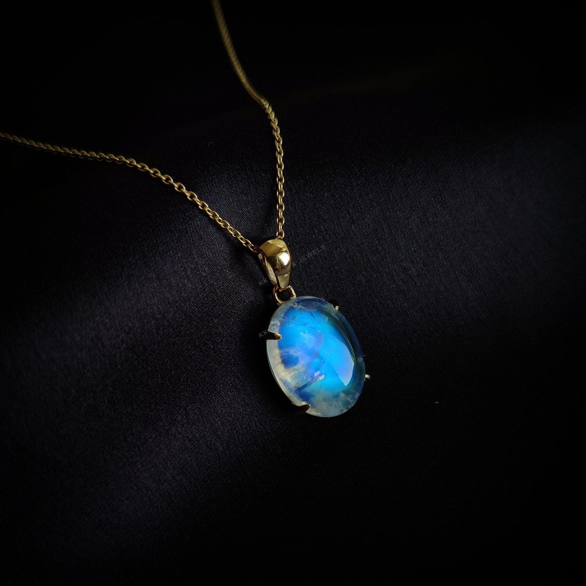 Natural Rainbow Moonstone Pendant, 14K Solid Yellow Gold, June Birthstone