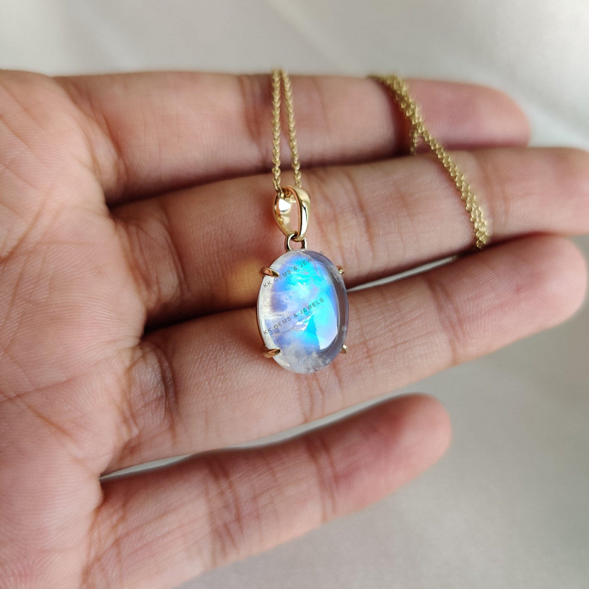 Natural Rainbow Moonstone Pendant, 14K Solid Yellow Gold, June Birthstone