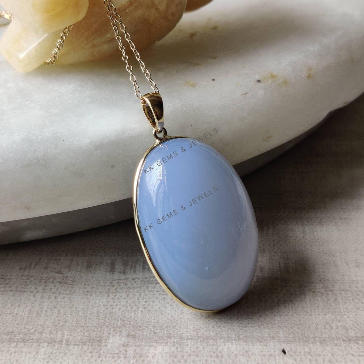 14K Solid Yellow Gold Natural Blue Chalcedony Pendant, Oval Gemstone Jewelry