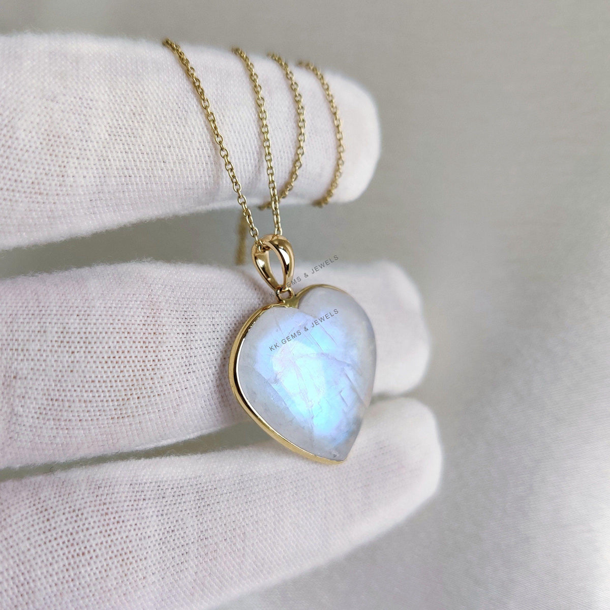 14K Solid Yellow Gold Natural Rainbow Moonstone Heart Pendant, June Birthstone