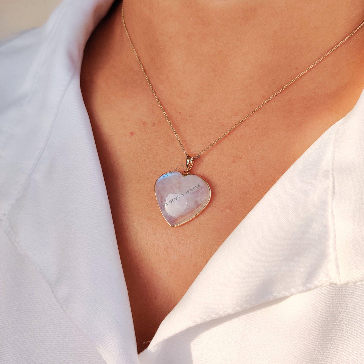 14K Solid Yellow Gold Natural Rainbow Moonstone Heart Pendant, June Birthstone