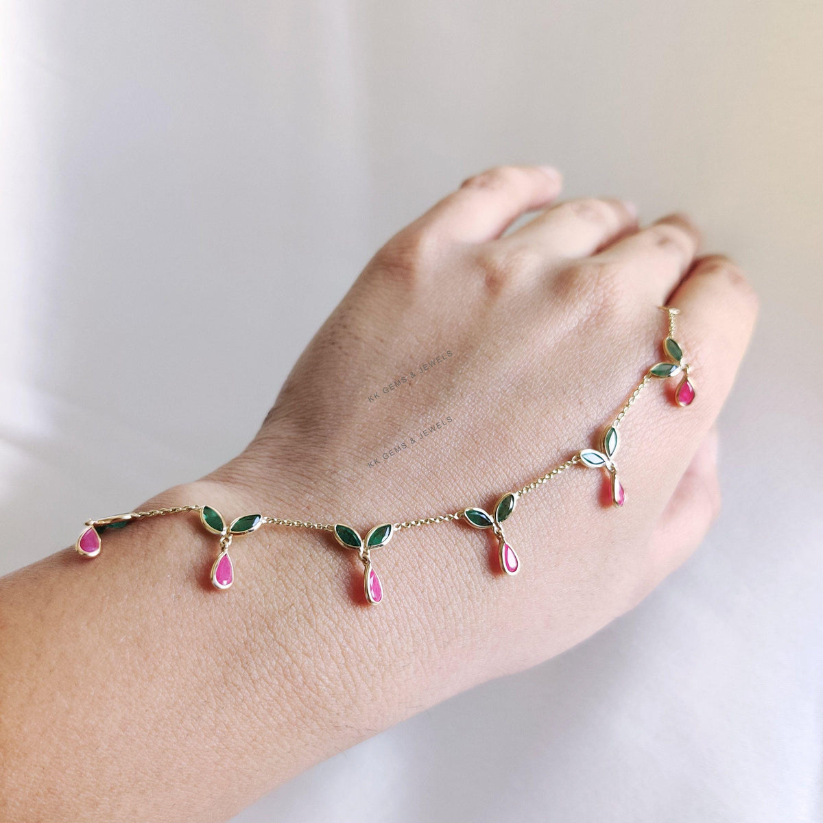 Natural Ruby & Emerald Bracelet, 14K Solid Yellow Gold Gemstone Bracelet