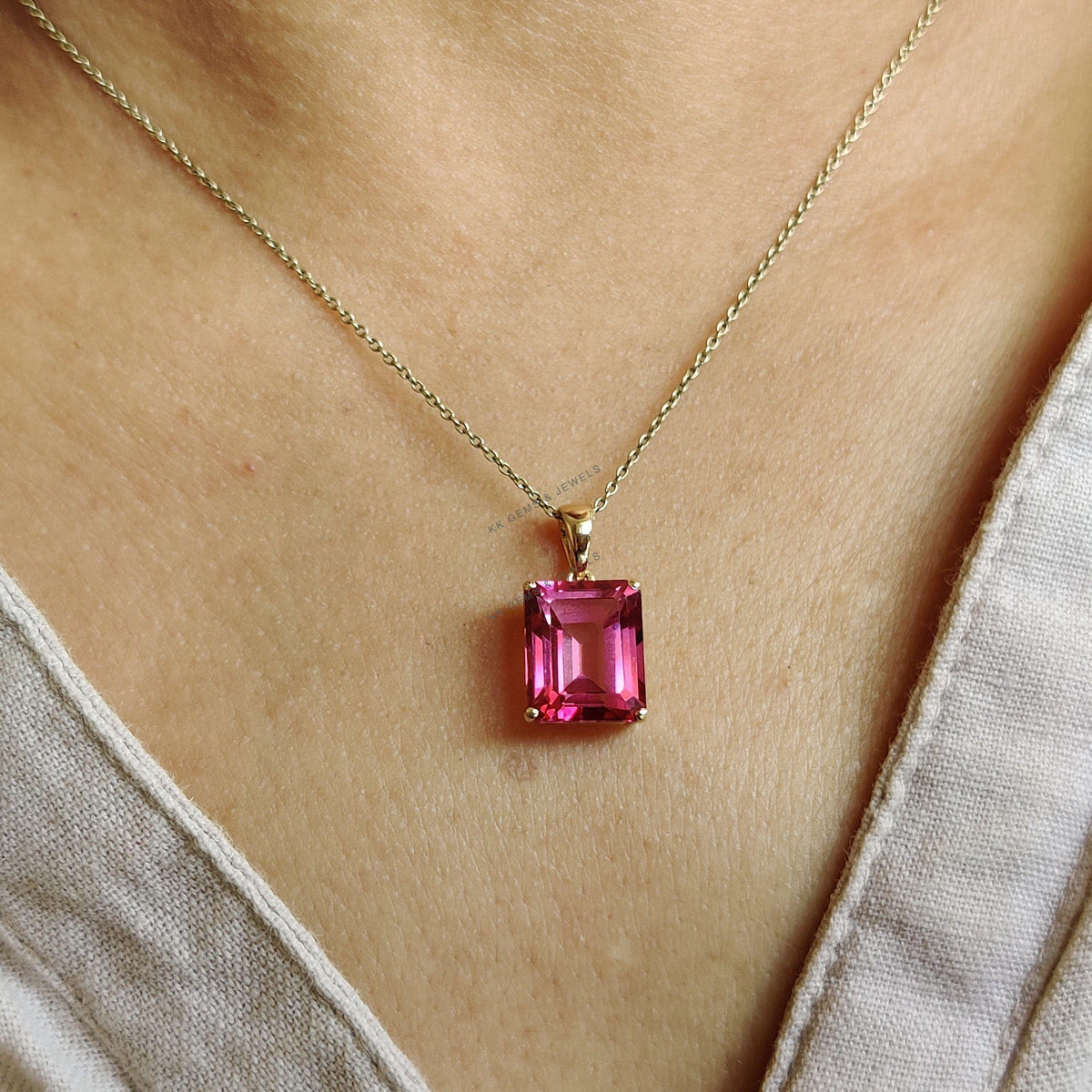 Natural Pink Topaz Pendant, 14K Solid Yellow Gold Octagon Gemstone, November Birthstone