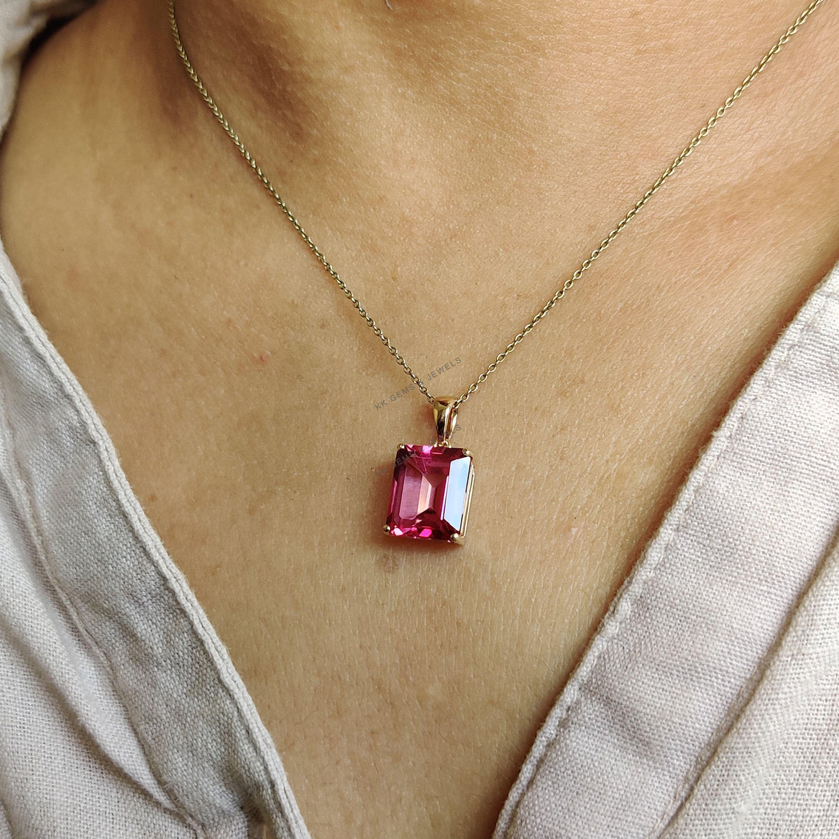 Natural Pink Topaz Pendant, 14K Solid Yellow Gold Octagon Gemstone, November Birthstone