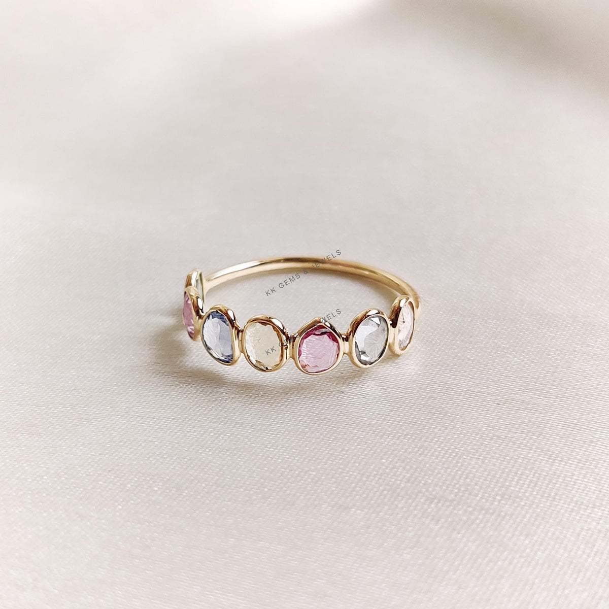 14K Solid Yellow Gold Natural Multi Sapphire Ring, Bezel Set Eternity Band, Christmas Present