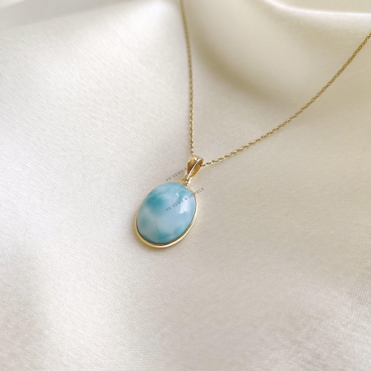 Natural Oval Larimar Pendant, 14K Solid Yellow Gold, March Birthstone